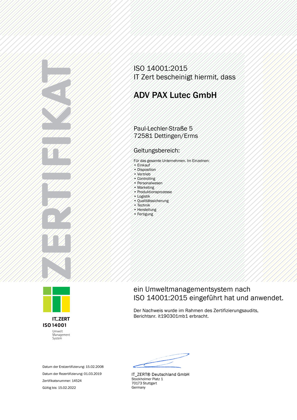 Zertifikat ISO 14001:2015